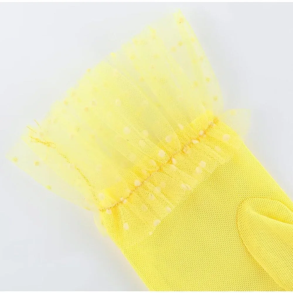 Women's Short Lace Yellow Tulle Sheer Mesh Tea Party Prom Gloves Banquet Costume